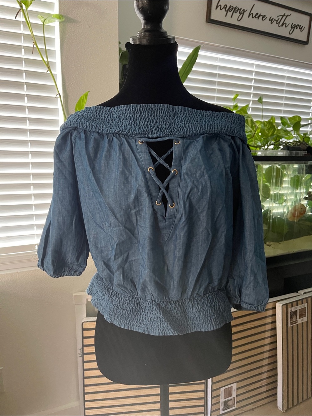 bebe Denim Blue Off-Shoulder Lace-Up Crop Top